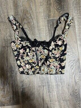 Victoria’s Secret Dream Angels Floral Corset Top Black Mesh Bra 36C
